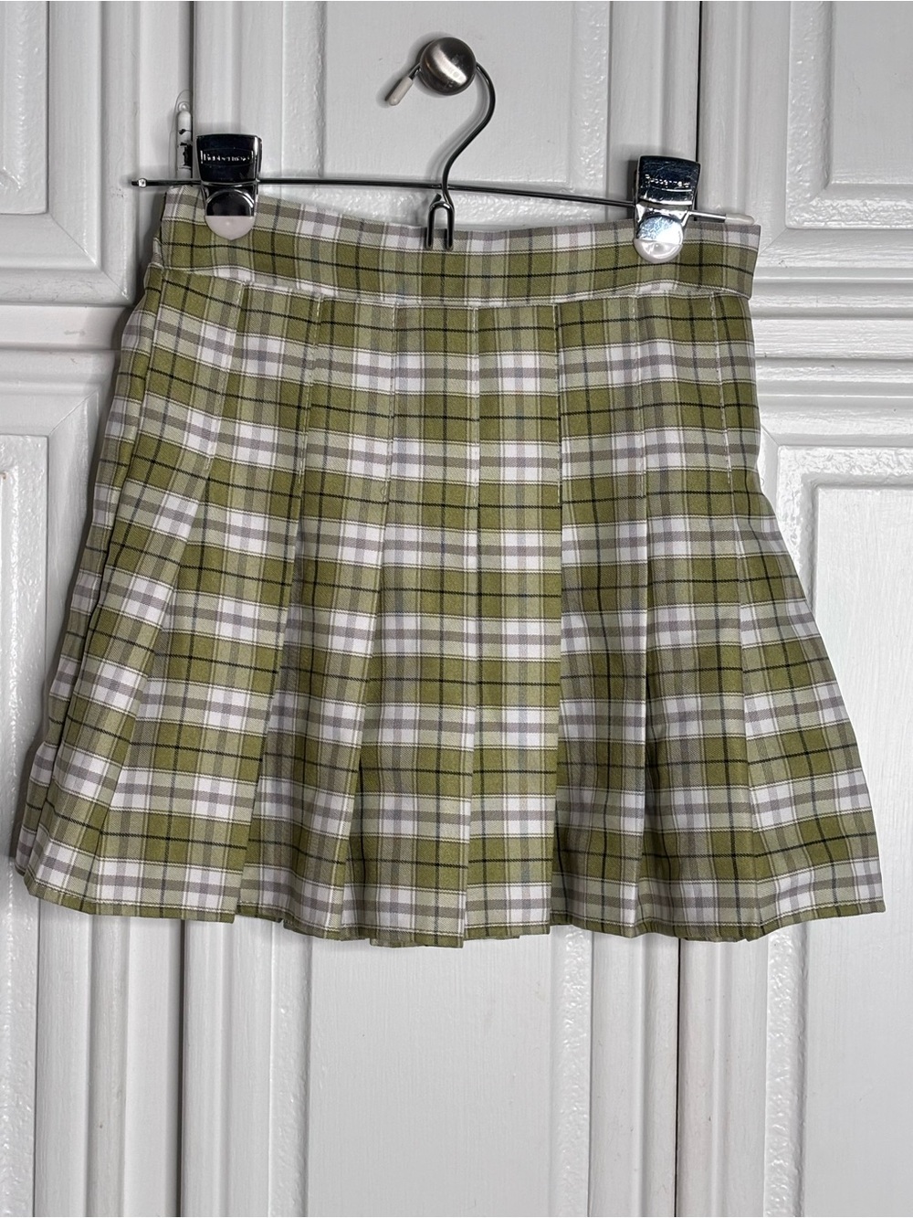 Princess Polly Olive Green and White Plaid Pleated Mini Skirt sz S